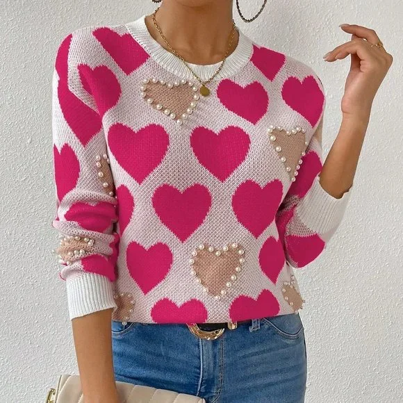 Hot Pink Casual Womens Heart Embroidery Beaded Pullover Sweater - Picture 4 of 5